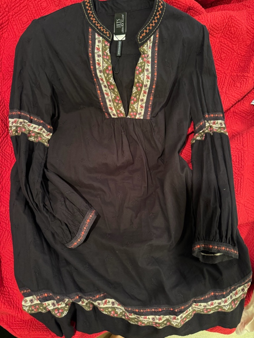 JETS Black Long-Sleeve Embroidered Boho Dress